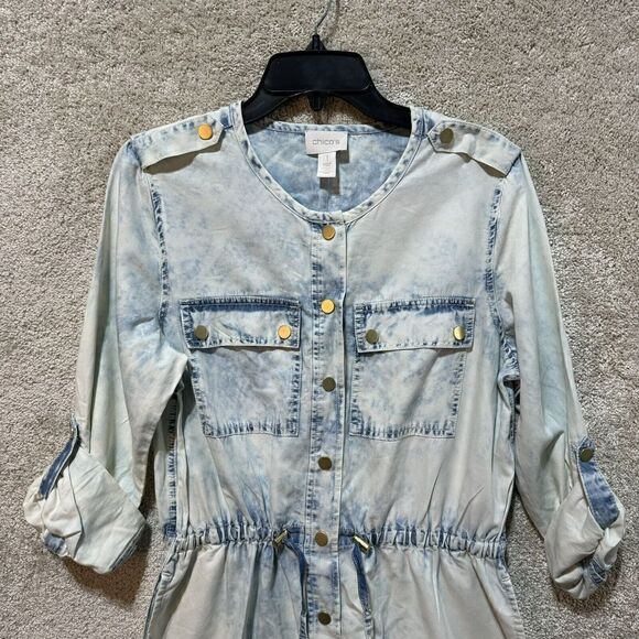 Chico's NWT Dynamic Denim Long Jean Jacket Women's XS Acid Wash Drawstring Snap - Picture 2 of 13